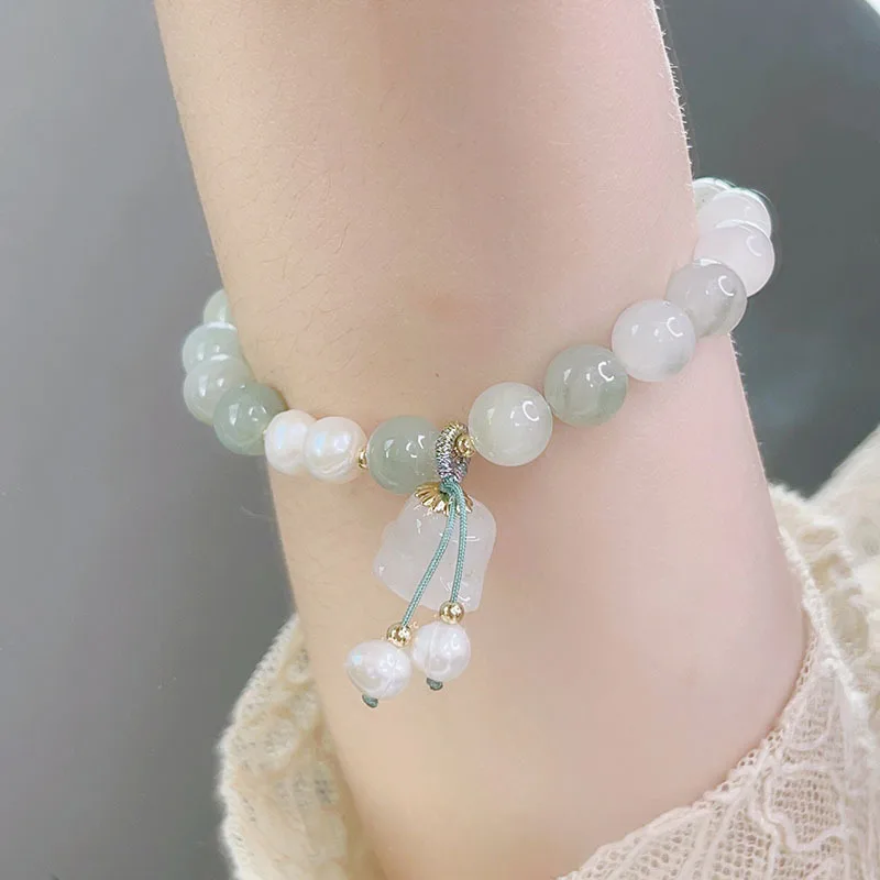 Yougu Linglan ~ Natural Tianshan Green Bracelet Female Chinese Style Chalcedony Lily Pendant Bracelet Girlfriends Hand Jewelry