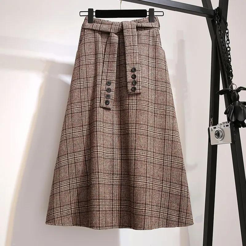 Fashion Elastic Pockets Printed Bandage Plaid Skirts Female Clothing 2024 Autumn Winter New Loose High Waist Preppy Style Skirts