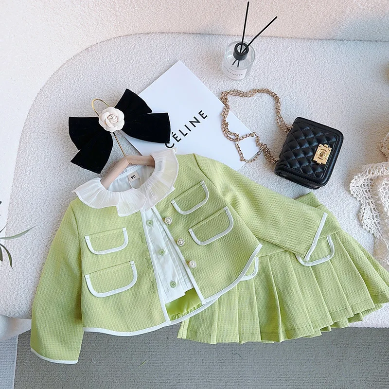 

Two Pieces Fahsion Baby Girl Clothes Green Lacy Peter Pan Collar Coats Cardigans Pleated Skirts Children's Sets