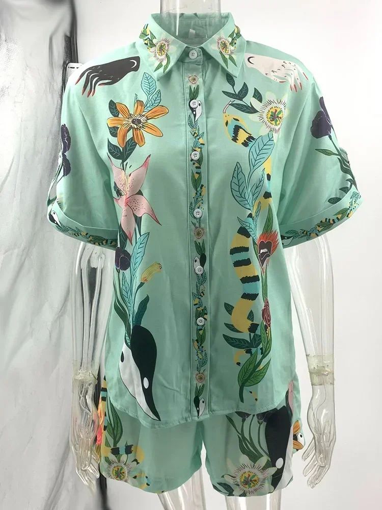 2024 New Fashion Trend Design Chic Print Summer Women's Two-piece Short-sleeved Blouse Top and Drawstring Shorts Set Goddess