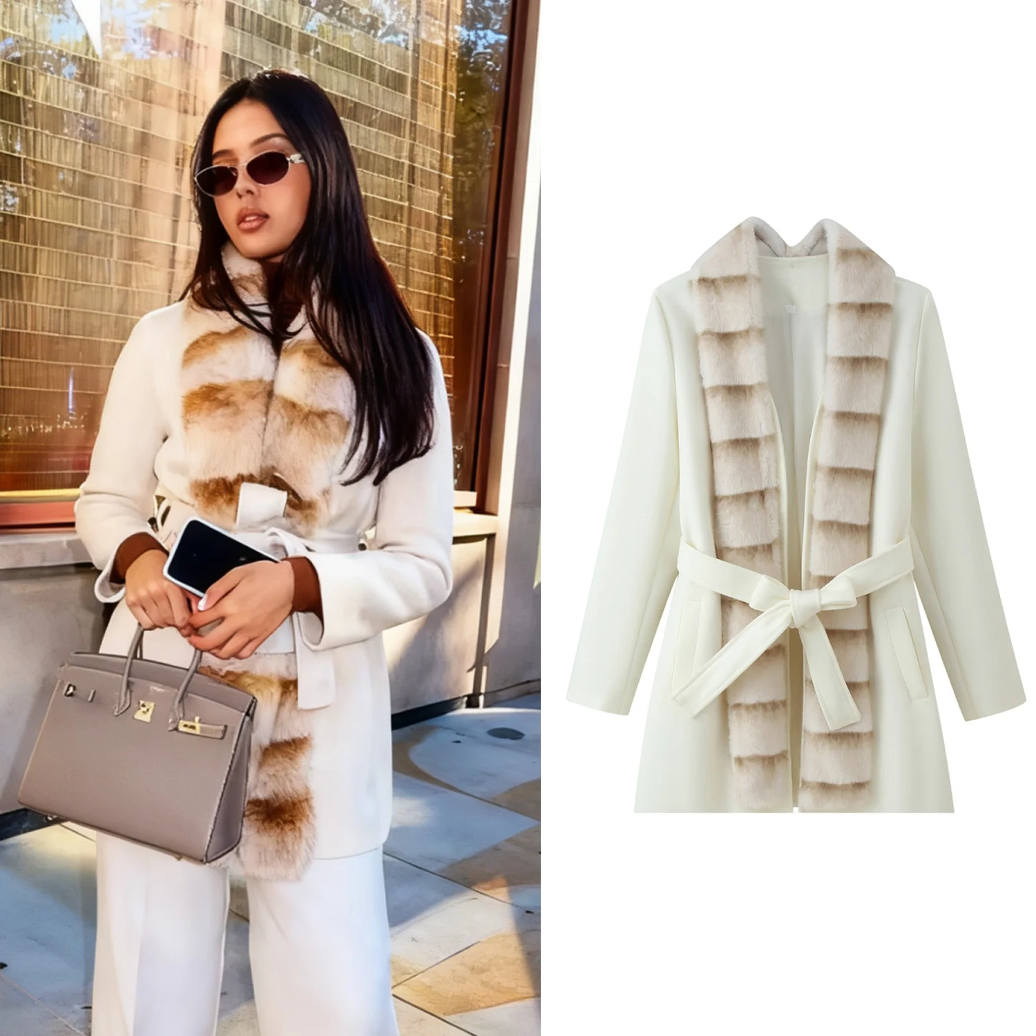 

Women Elegant Faux Fur Lace Up Overcoat Female Full Sleeve With Belted Lapel Woolen Coat Jacket Autumn Winter Warm Outwear