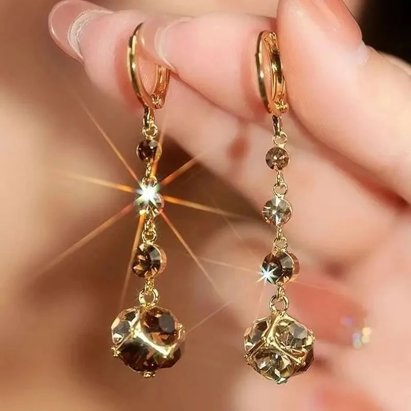 Fashionable Elegant Exquisite Brown Rhinestone Ball Zircon Tassel Earrings For Women Everyday Accessories Party Jewelry Gifts