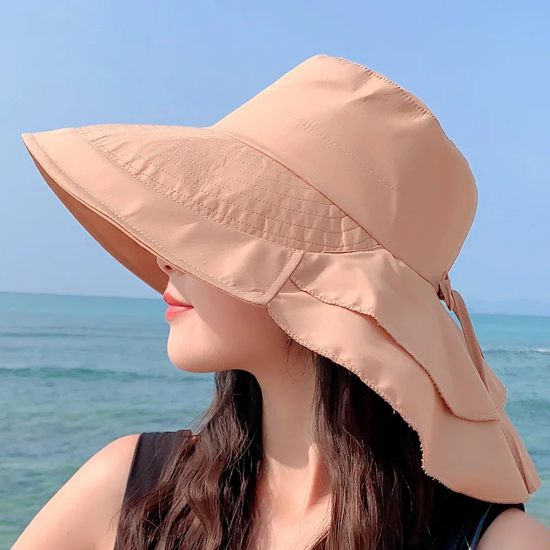 Women Waterproof Bucket Hats Summer Outdoor Sun Protection Ponytail Hole Hat Fashion Big Brim Hat Travel Fisherman Hat Sun Cap