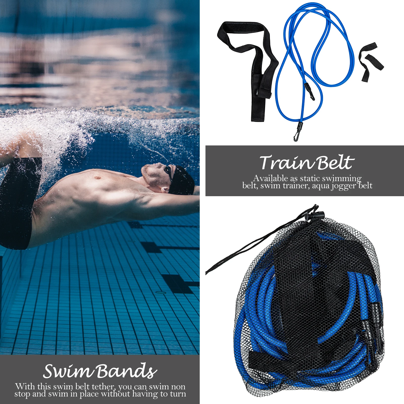 1 Juego de banda de resistencia para natación, cinturón de tren de natación ajustable, entrenador de natación estático, Kit de cuerda elástica para correr acuático, entrenamiento de natación