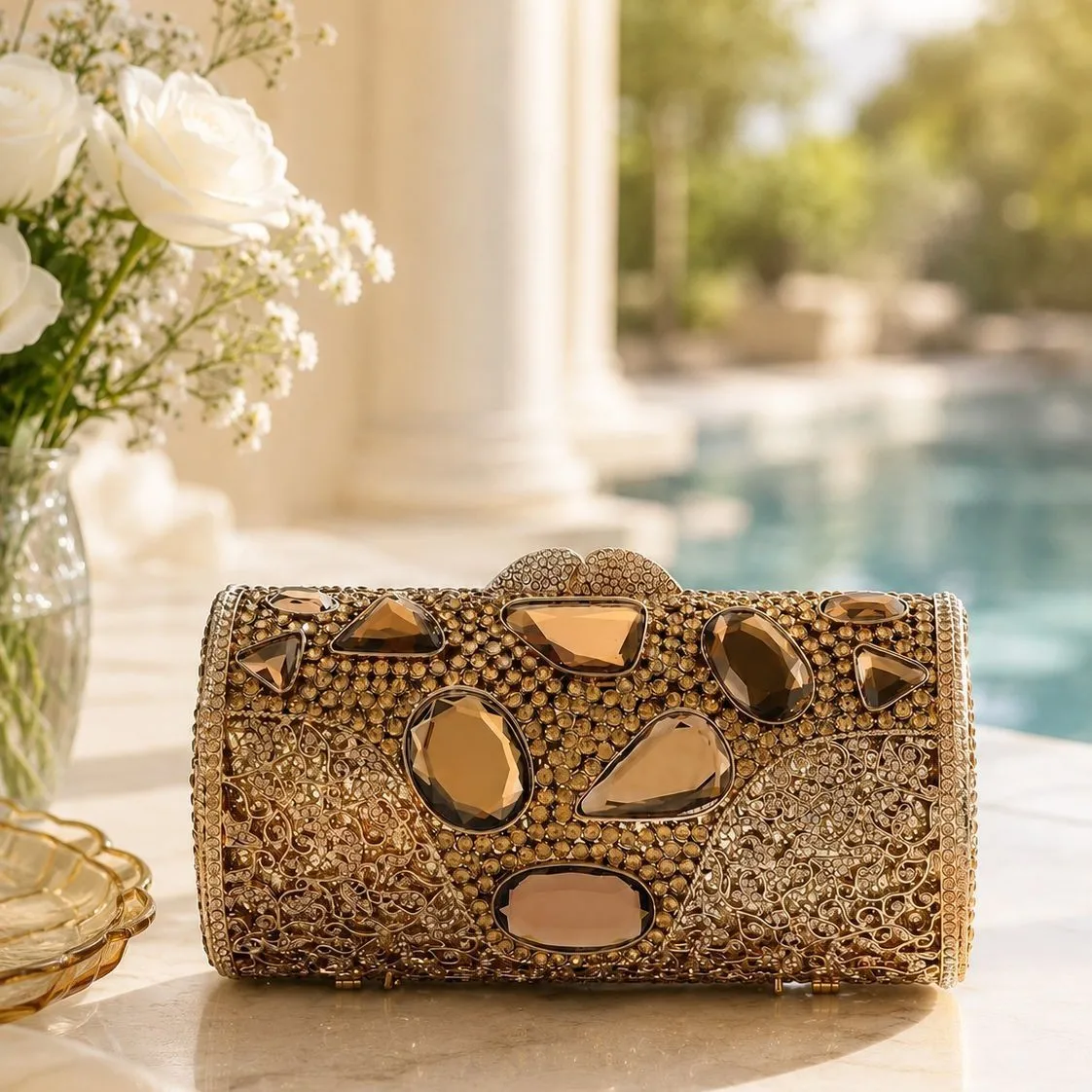 Gold cylinder diamond clutch bag, irregular gemstones embellished rhinestone bag, banquet and party dual-purpose chain bag.