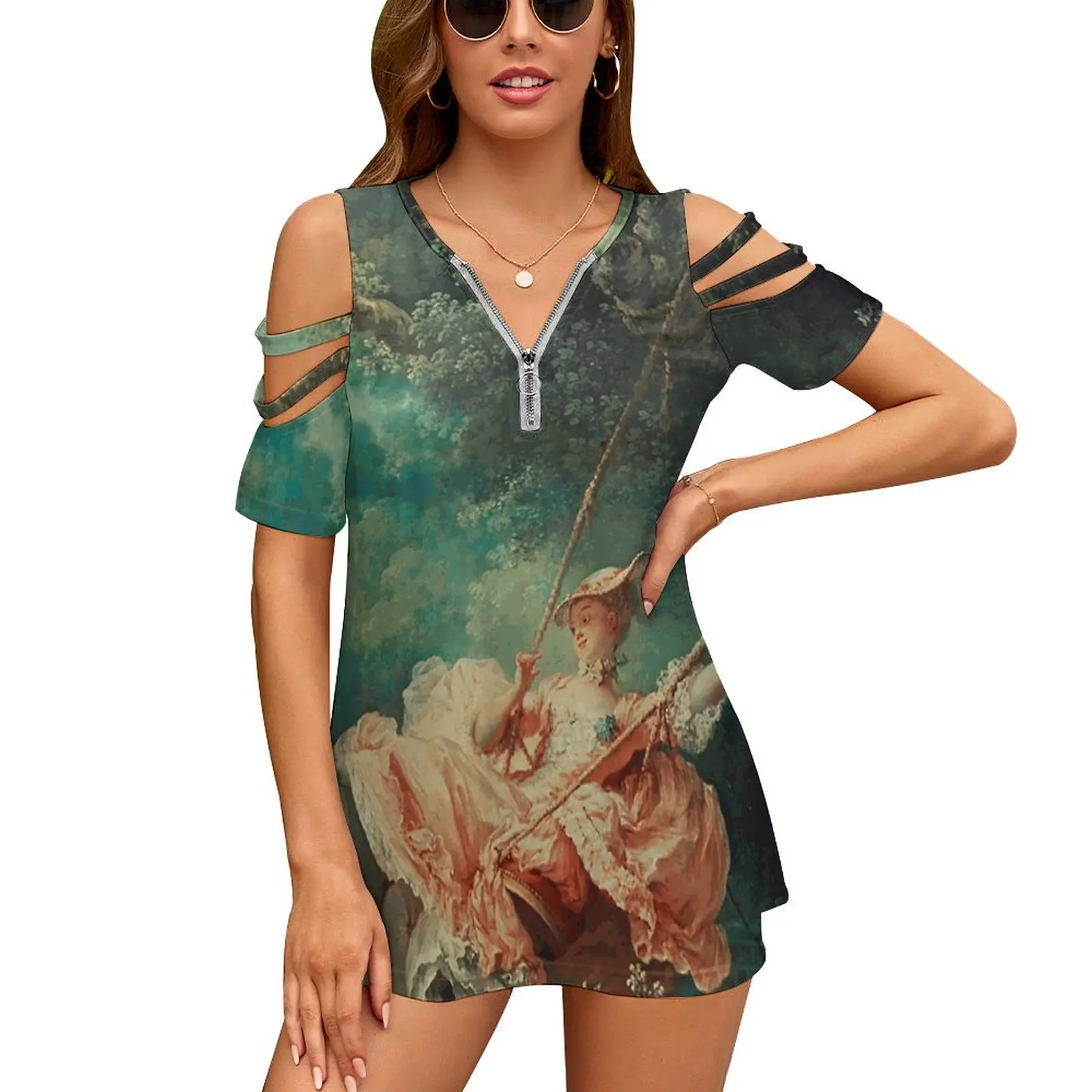 The Swing Painting-Jean-Honoré Fragonard New Fashion Zip Off Shoulder Top Short-Sleeve Women Shirt Swing Jean Honore Fragonard