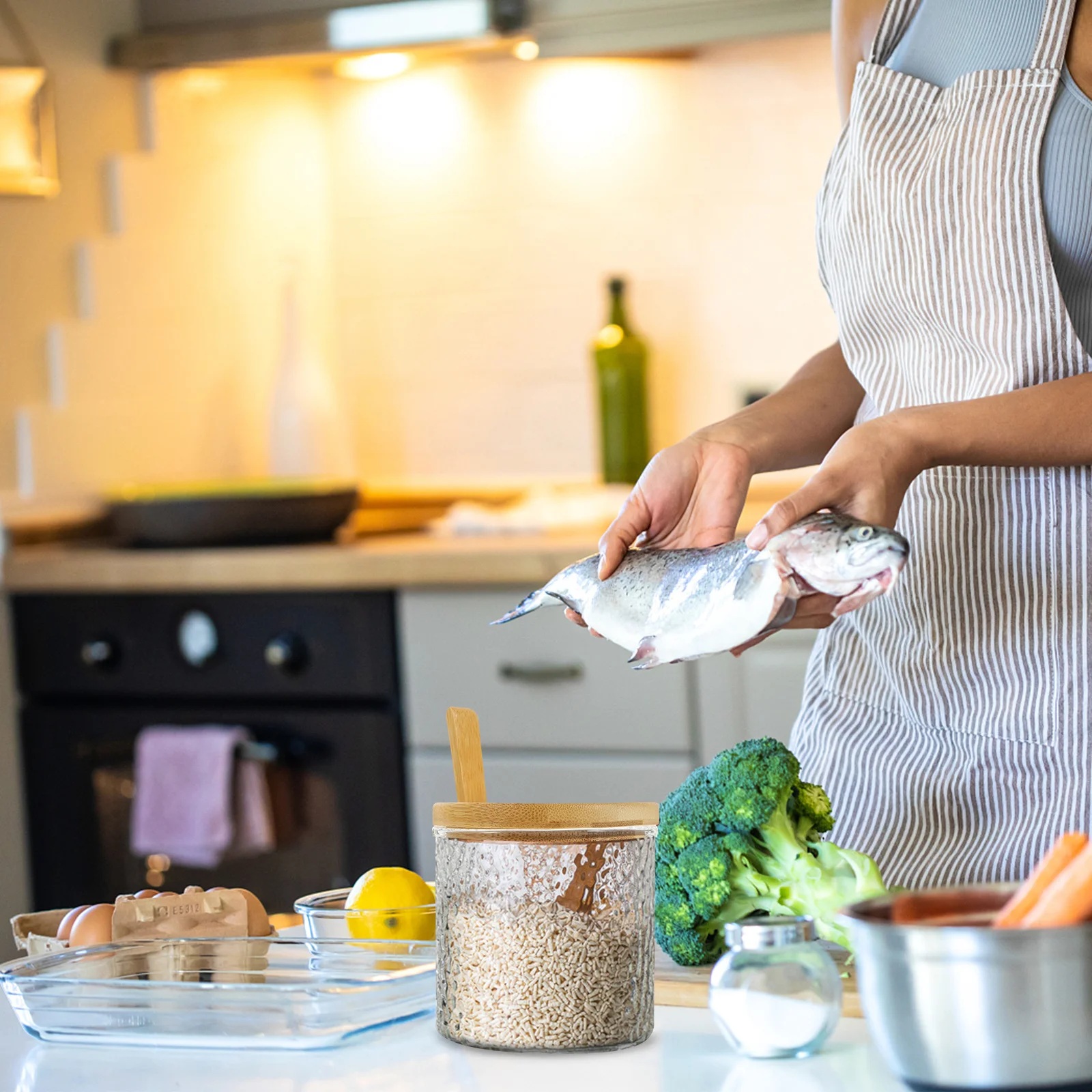 

Glass Storage Jar Clear Bamboo Lid Multipurpose Salt Sugar Tea Spice Canister Sugar Jar with Spoon Glass Canister