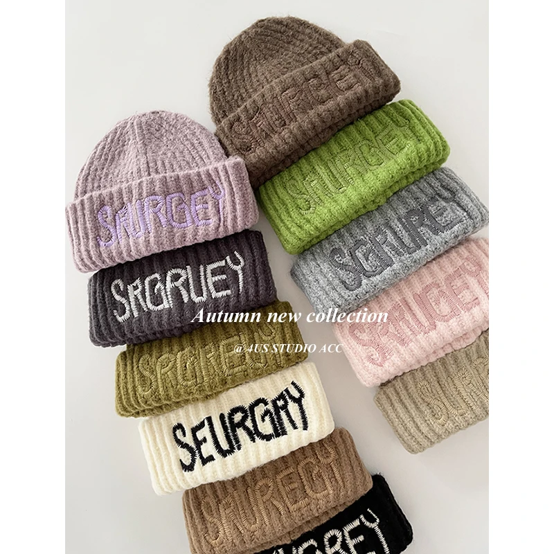 

Autumn and Winter New Embroidered Letters Knitted Hat Women's Korean Style Couple Warm Earflaps Slipover Woolen Cap Men