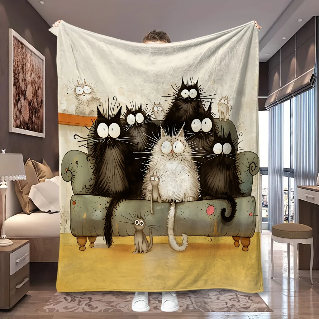 1pc Group Fluffy Cats Sofa Cute Cartoon Print Flannel Blanket, Comfortable and All-season Usable, Suitable for Blankets, Kid Bed