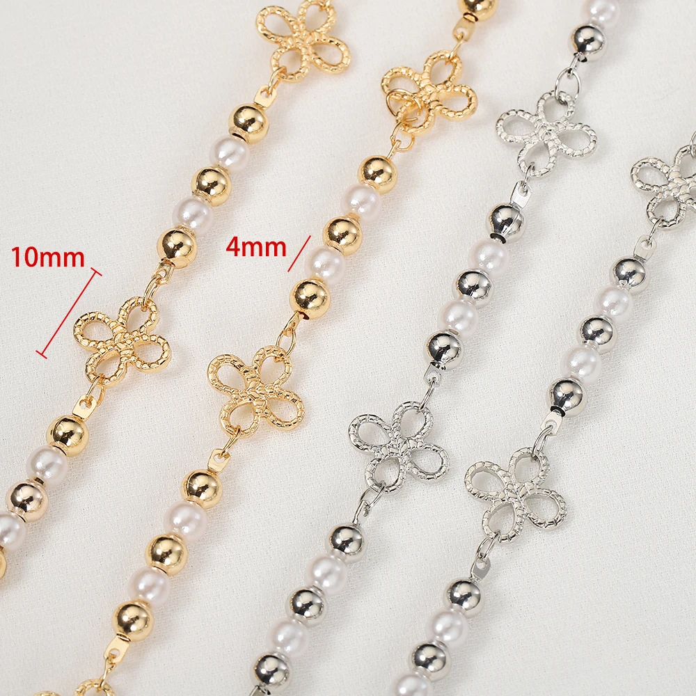 2Meters 1Meter Flower Beading Copper Chains 4mm Imitation Pearl Bead Chains for Necklace Bracelet DIY Jewelry Making Supplies