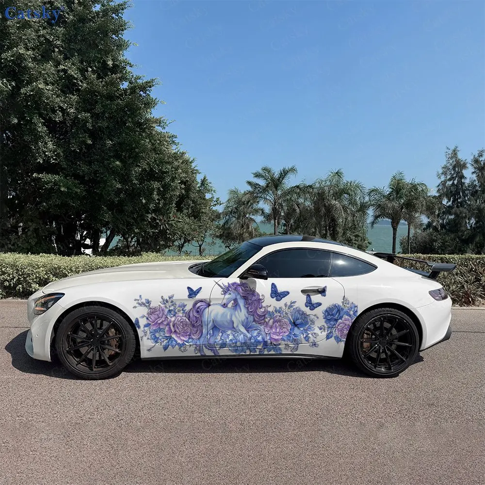 

2pcs Flowers And Unicorns Car Sticker Full Body Floral Decoration Cover Scratches Protect Car Sticker Waterproof Car Vinyl Wraps