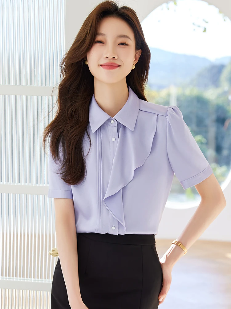 

Фиолетовая блузка с кружевной отделкой, женская летняя новинка в корейском стиле, шифоновая модная дизайнерская блузка-юбка, комплект из полиэстера с коротким рукавом