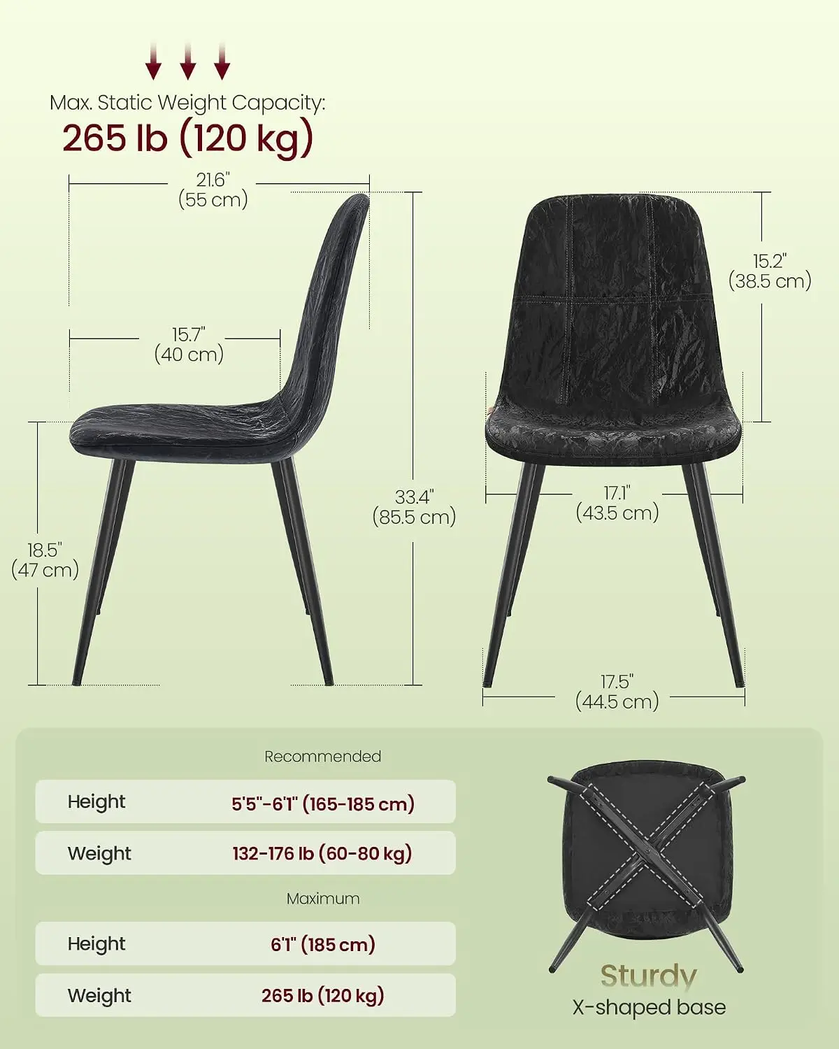 Set of 4 Dining Chairs, Dining Room Kitchen Chairs, Metal Frame, Adjustable Feet, Easy to Clean, Glacier-Textured PU Leather, fo