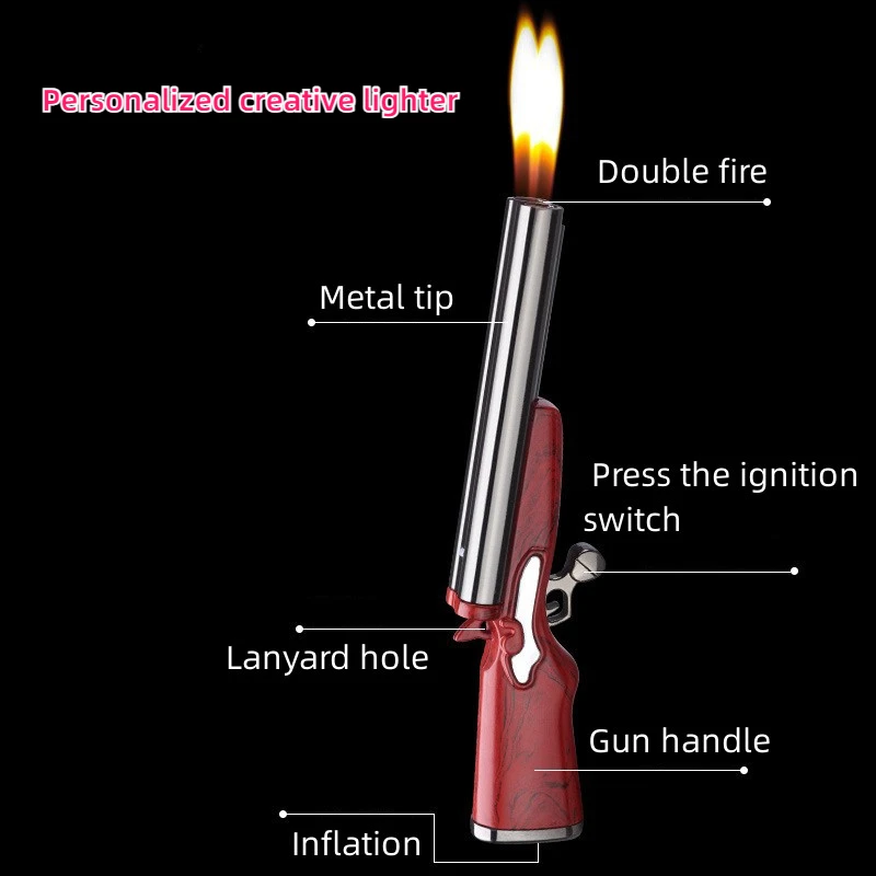 Metal Mini Gun Dual Fire Butane Gas Lighter One-touch Push Button Ignition Open Flame Smoking Accessories Men\'s Gifts