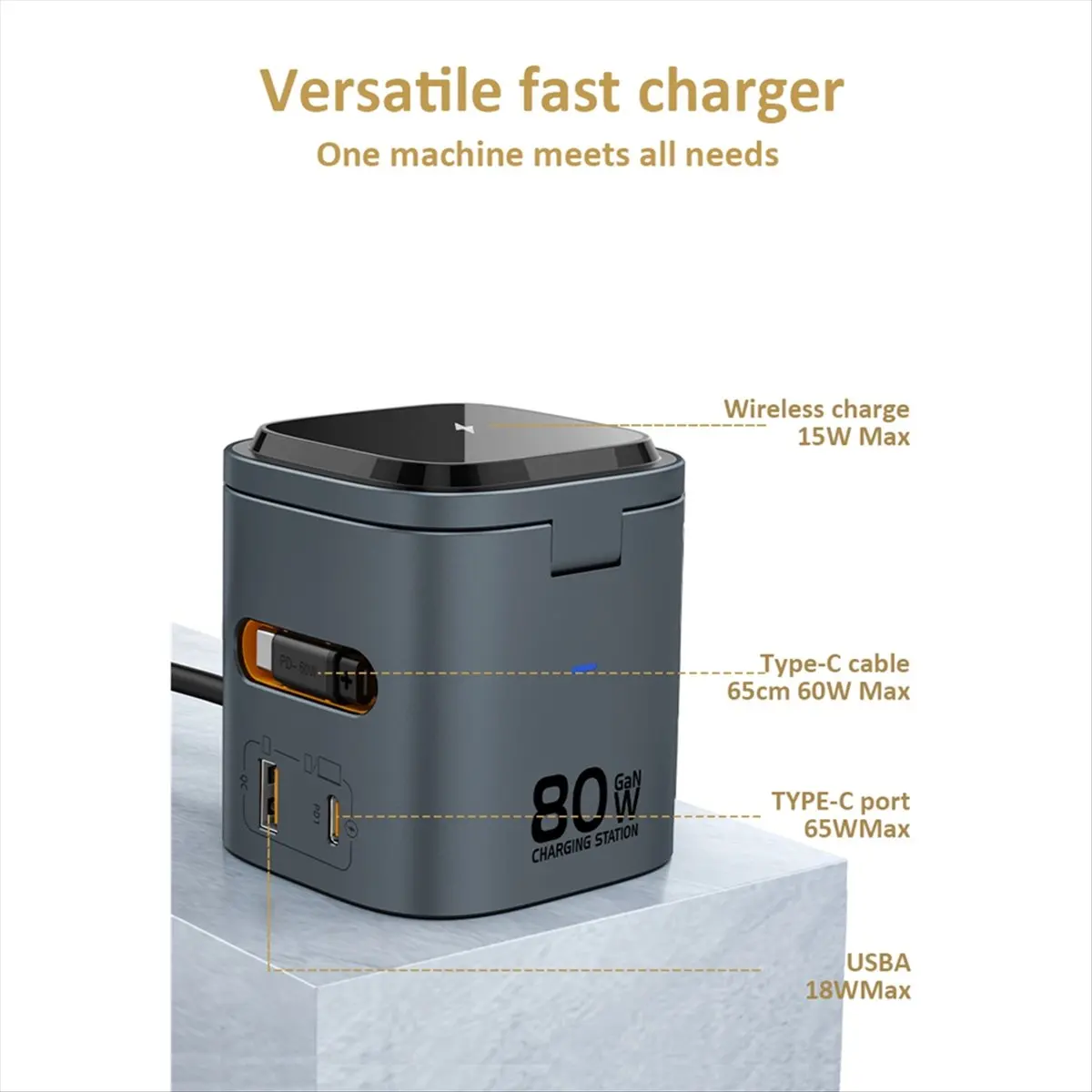 CH◆☆§80W 6-In-1 GaN Charging Station Wireless Adapter with Type C PD 60W Retractable Charging Cable Fast Charger US PLUG~HOT SAL