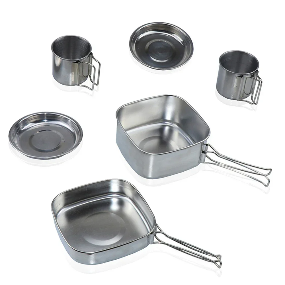 

Stainless Steel Outdoor Dining Set Complete For Camping Cookware Including Cups Plates and Frying Pan for Picnics