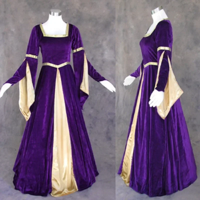 

Retro Gothic Royal Court Dress Cosplay Costume Flare Long Sleeve Waist Long Gown Dress Women Medieval Renaissance Dress