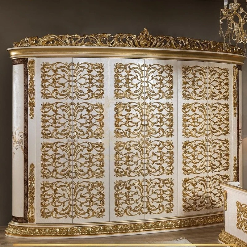 European solid wood wardrobe luxury gold foil log carving French court locker
