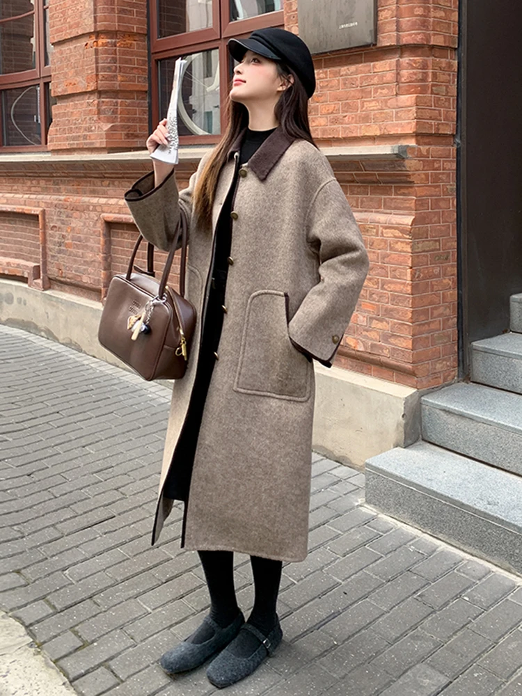 LANMREM Wool Double-sided Coat With Brown Collar Contrast Color Single Breasted Woolen Coats Office Lady Fashion New 2DB1432