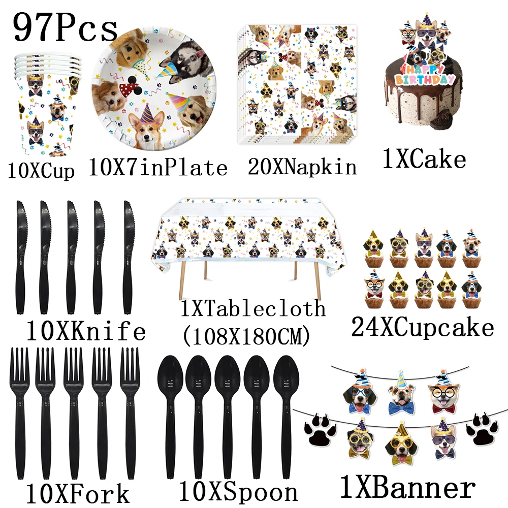 Pet Dog Birthday Party Supplies Puppy Party Tableware for Kids Party Decorations Plates Napkins Tablecloth for Puppy Theme Party