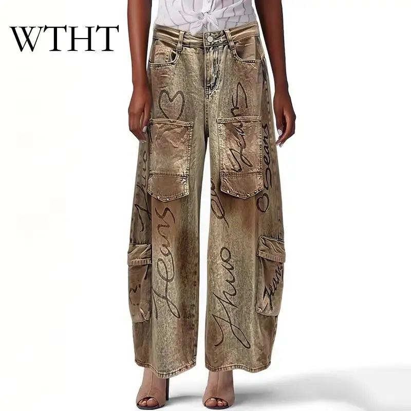 WTHT Vintage Women Irregular Letter Print Big Pocket Denim Pants Summer 2026 Trendy Washed High-waist Jeans Female 1LS3106