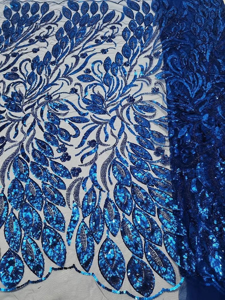 European and American Peafowl Fabric with Sequins and Nail Beads, Blue Lace Fabric for Wedding Dress, Embroidered Fabric