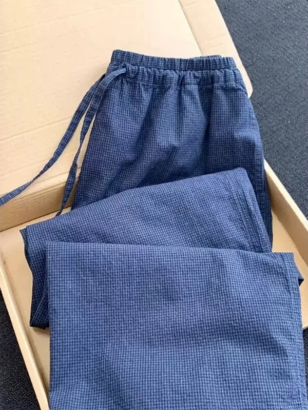 Blue Plaid Drapey Wide Leg Pants Drawstring Elastic Waist Loose Comfortable Casual Trousers for Women High Waist Summer 2026