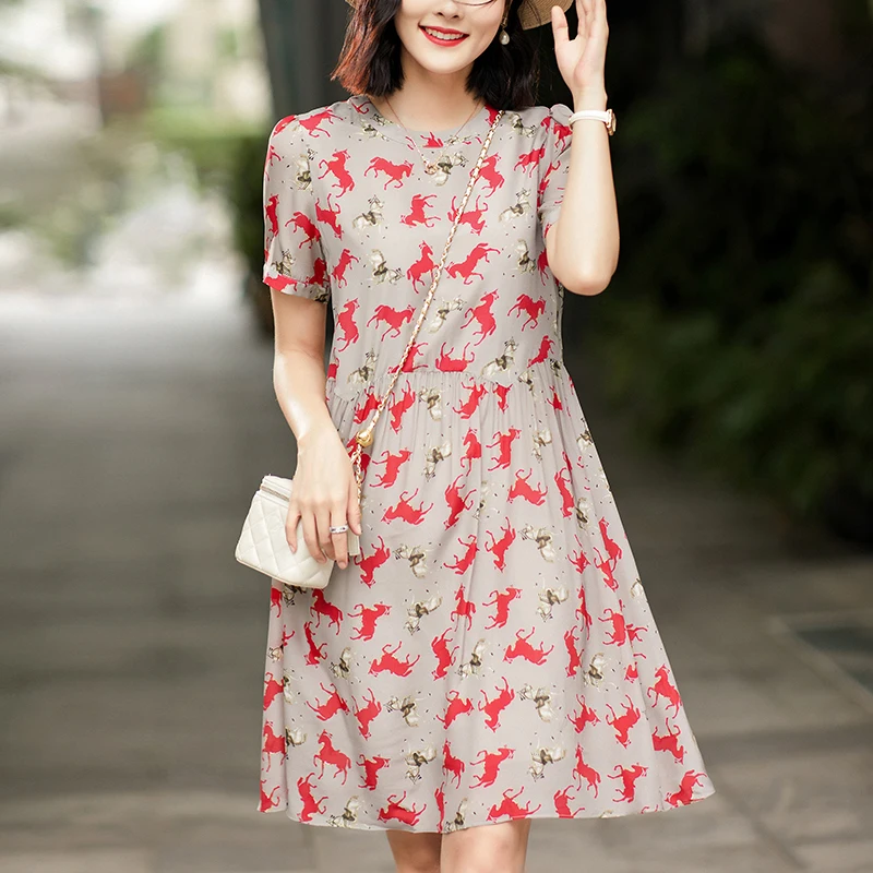 

100% Real Silk Women's Summer Dress 2024 Short Sleeve Elegant Fashion Dresses For Women Animal Print Woman Casual Dress A-line