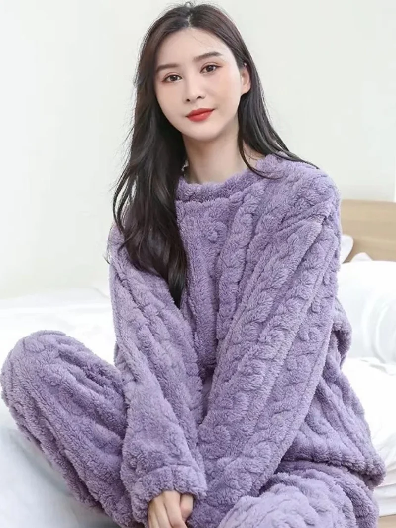 CHUANGERM Thick Coral Fleece Women's Pajamas Set Autumn Winter Warm Flannel Fleece Lined Large Size Sleepwear Suit Home Clothes