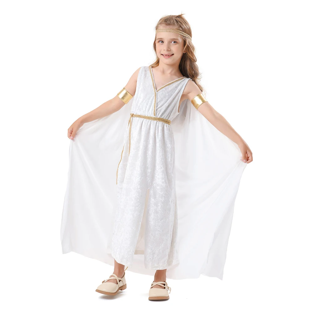 

White Noble Greek Goddess Athena Costume Split Long Dress for Children Girls 4-12Y Umorden