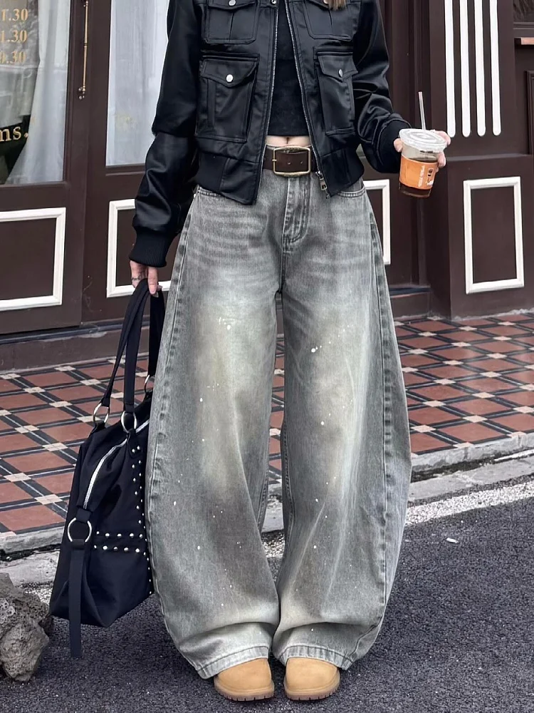 

American Style Large Size Street Retro Faded Knife Jeans Loose Wide Leg Long Trousers High Waist Zipper Casual Denim Pants