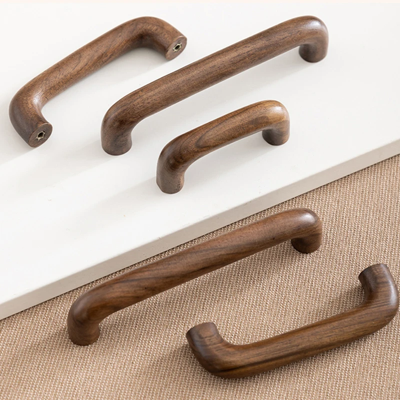 AOBT Natural Wood Color Cabinet Doors with Solid Wood Handles Beech & Black Walnut Drawer Wooden Door Handles for Kitchen Bathro