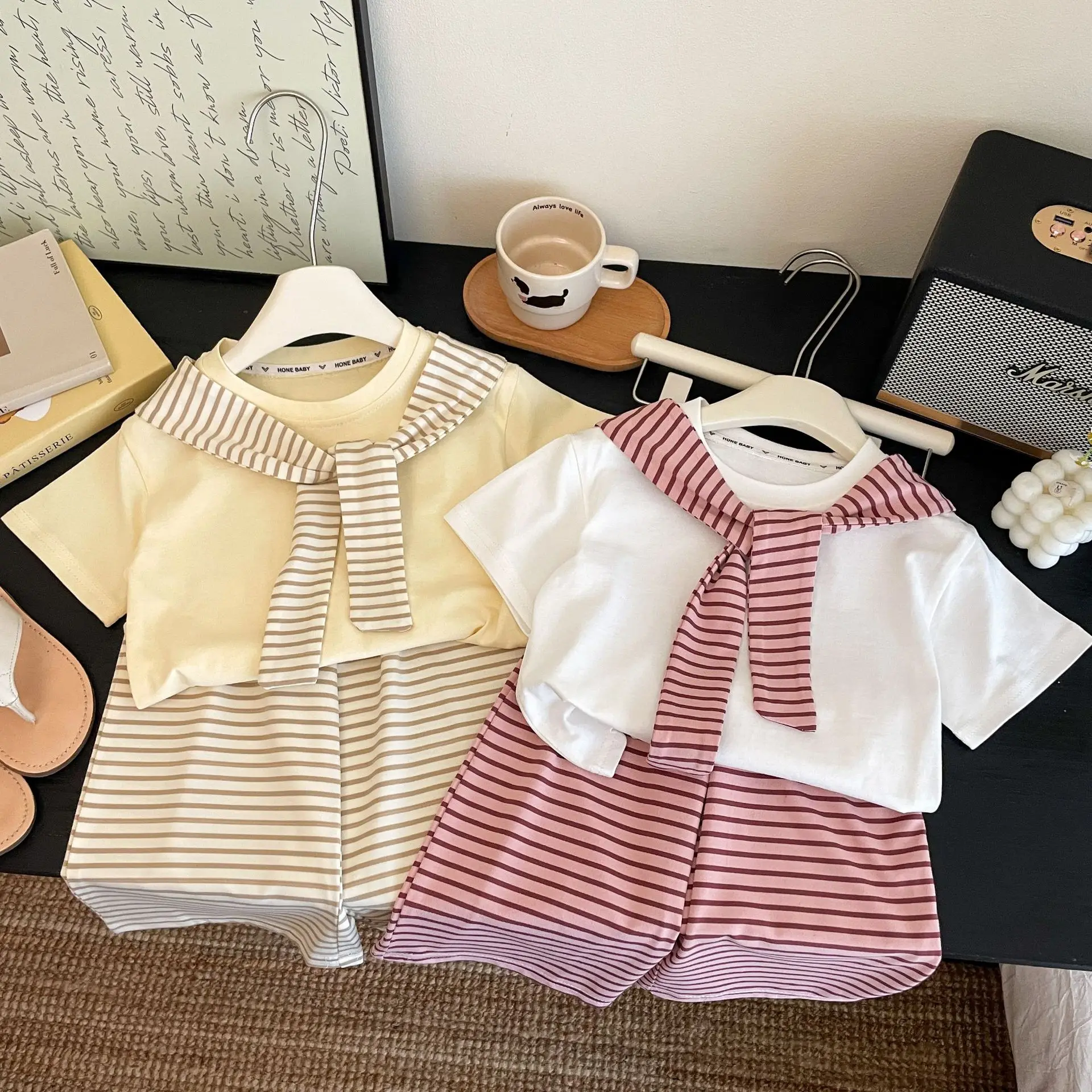 Baby Girls Summer Clothes Set Striped Patchwork Lace Up Short Sleeve T-shirt Wide Leg Loose Pants 2 Pcs Casual Suit