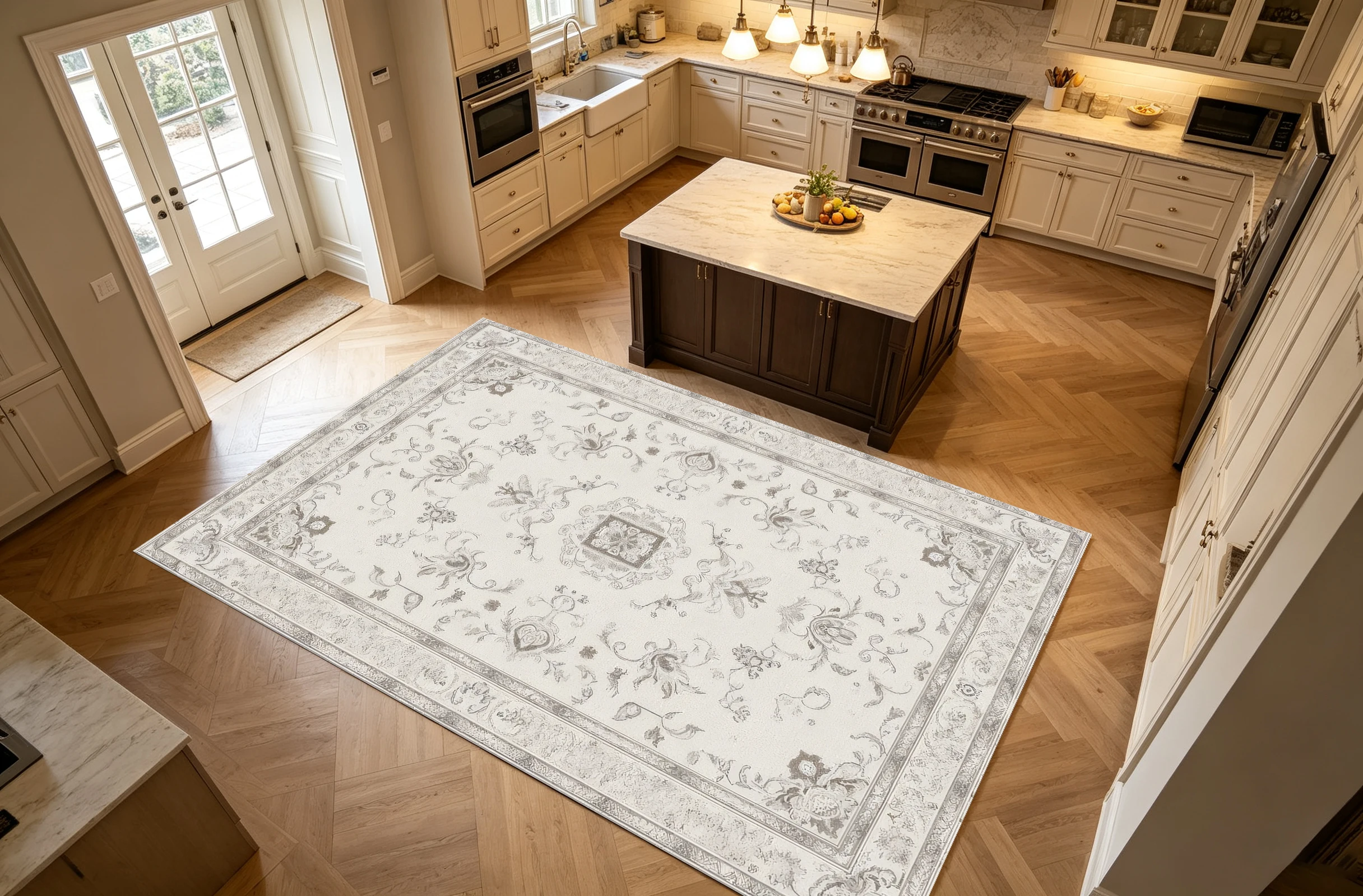 2D Velvet Carpet in Beige-Gray with Retro European Pattern, Soft and Skin-Friendly, Suitable for Living Rooms and