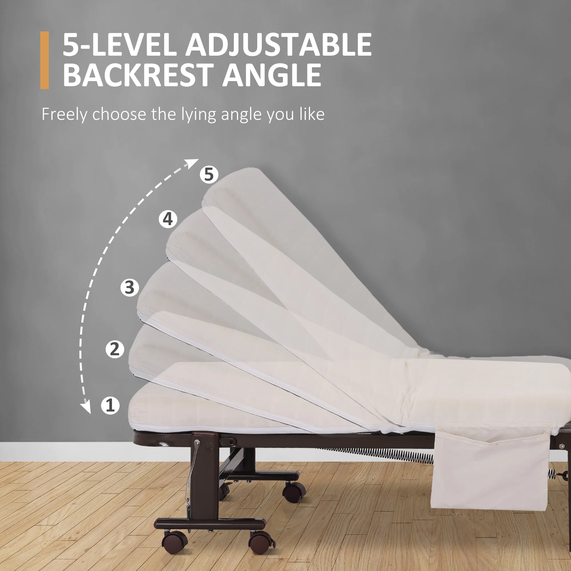 HOMCOM Folding Bed with Mattress & Wheels, Adjustable Backrest Guest, White