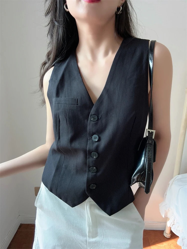 DADANA Slimming Suit Vest OL Commute Style Layering Women's Base Tank Top V-neck Striped Pattern Business Casual Vest