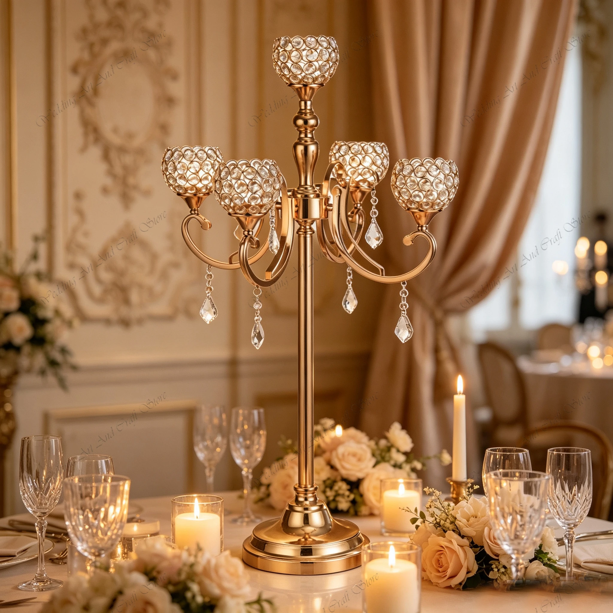 10pcs f30 80-120cm Gold 5 Arm Wedding Centerpieces Metal Candlesticks Holder with Crystal Beaded Chandelier Stand ivy1292