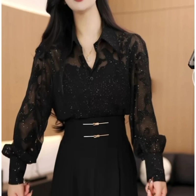 

European Short Tops New Fashionable and Slim Temperament Embossed and Versatile Fashionable Black Skin-transparent Shirt