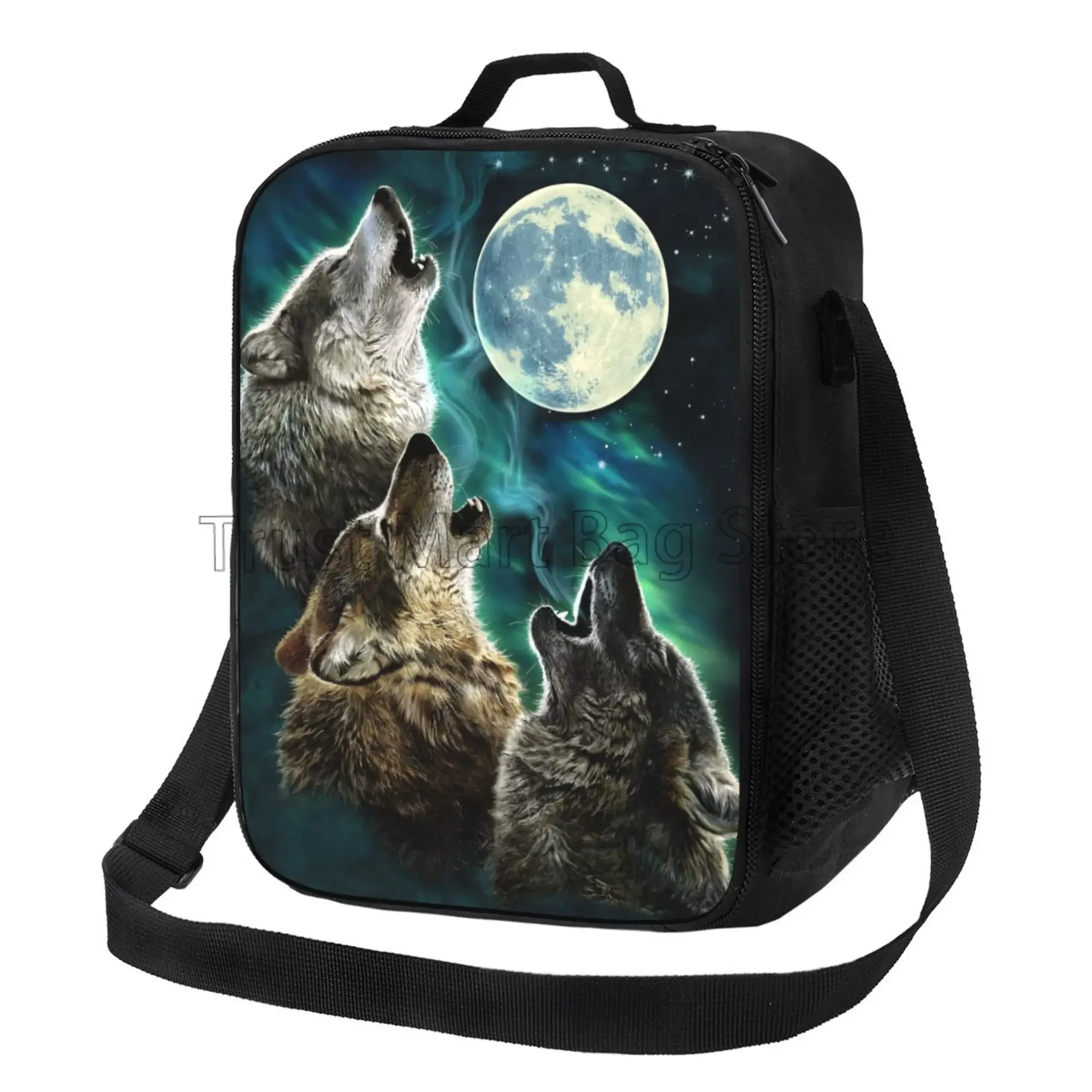 Three Wolves Howling At The Moon Print Insulated Lunch Bag Waterproof Reusable Thermal Bento Tote with Adjustable Shoulder Strap