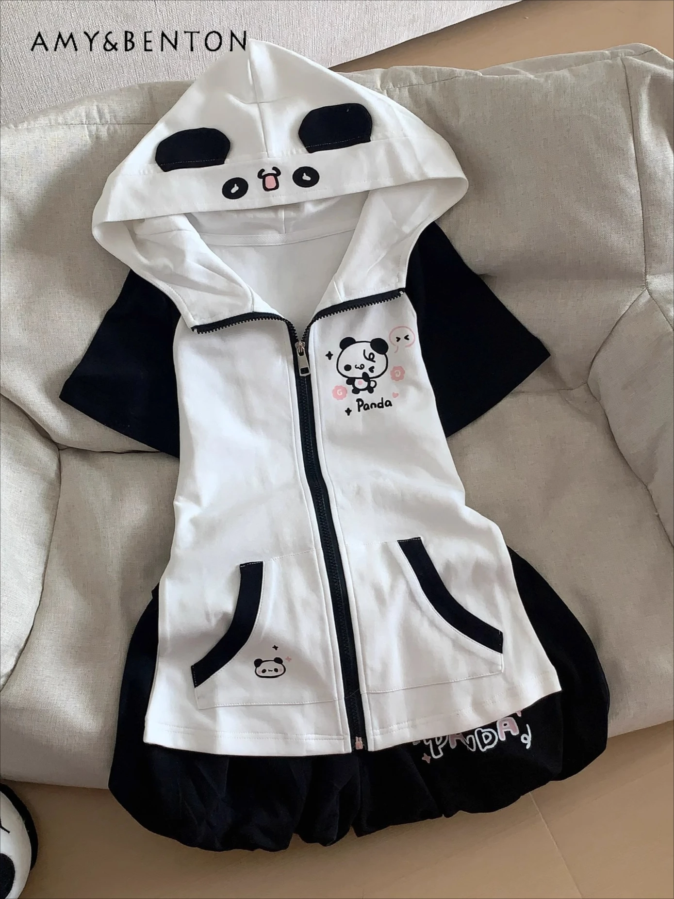 

Summer New Panda Print Slim Hooded Cute Zipper Short-sleeved Jacket Bud Shorts Two-piece Set Japanese Sweet Kawaii Casual Sets