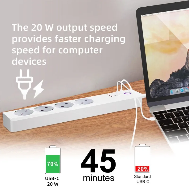 ABRW-Voice Controlled 20W European Power Strip Fast Charging Function With Timer, Wifi-Tuya App Support-EU Plug Included