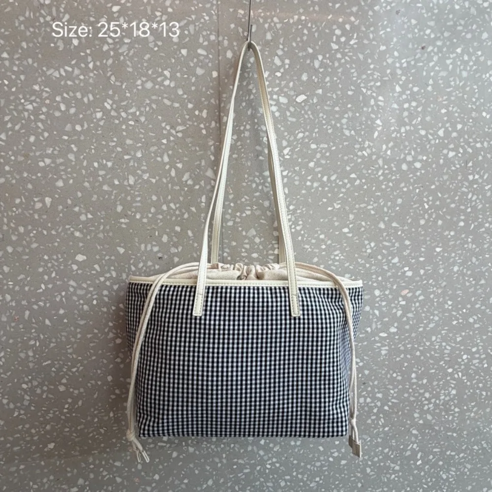 2026 Black and White Plaid Canvas Bag Women's New Lazy Style Casual Tote Bag Versatile Commuter Shoulder Simple Armpit Casual