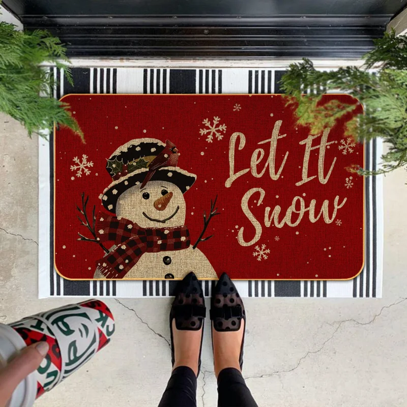 VIKAMA Winter Snowman Welcome Doormat Vintage Plaid Scarf Pattern Non Slip Rug For Front Door Balcony Indoor Xmas Home Decor