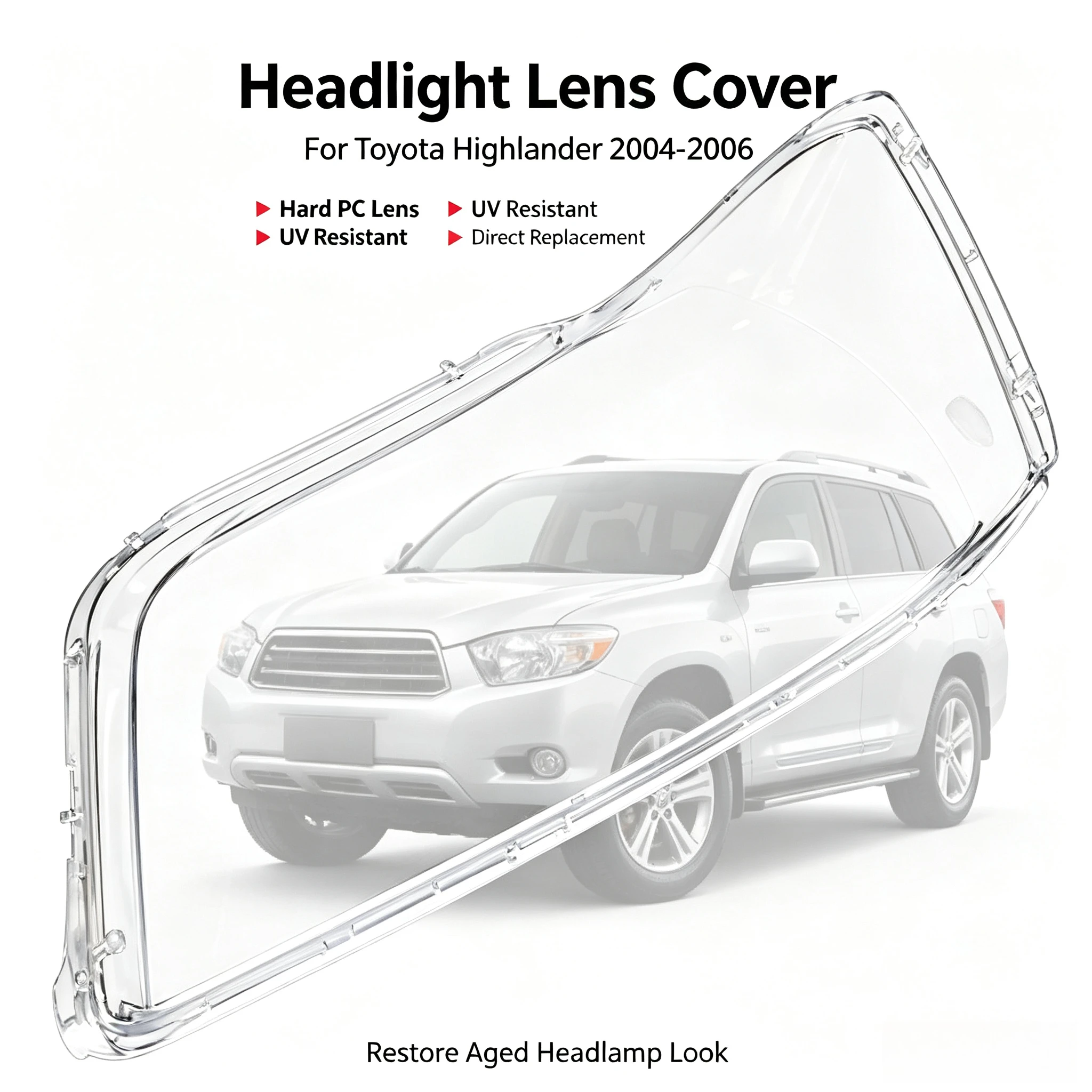 MoggicHeadlight Lens Cover Compatible With Toyota Highlander 2004 2005 2006 Base Limited Sport Clear PC Plastic Head Lamp Glass