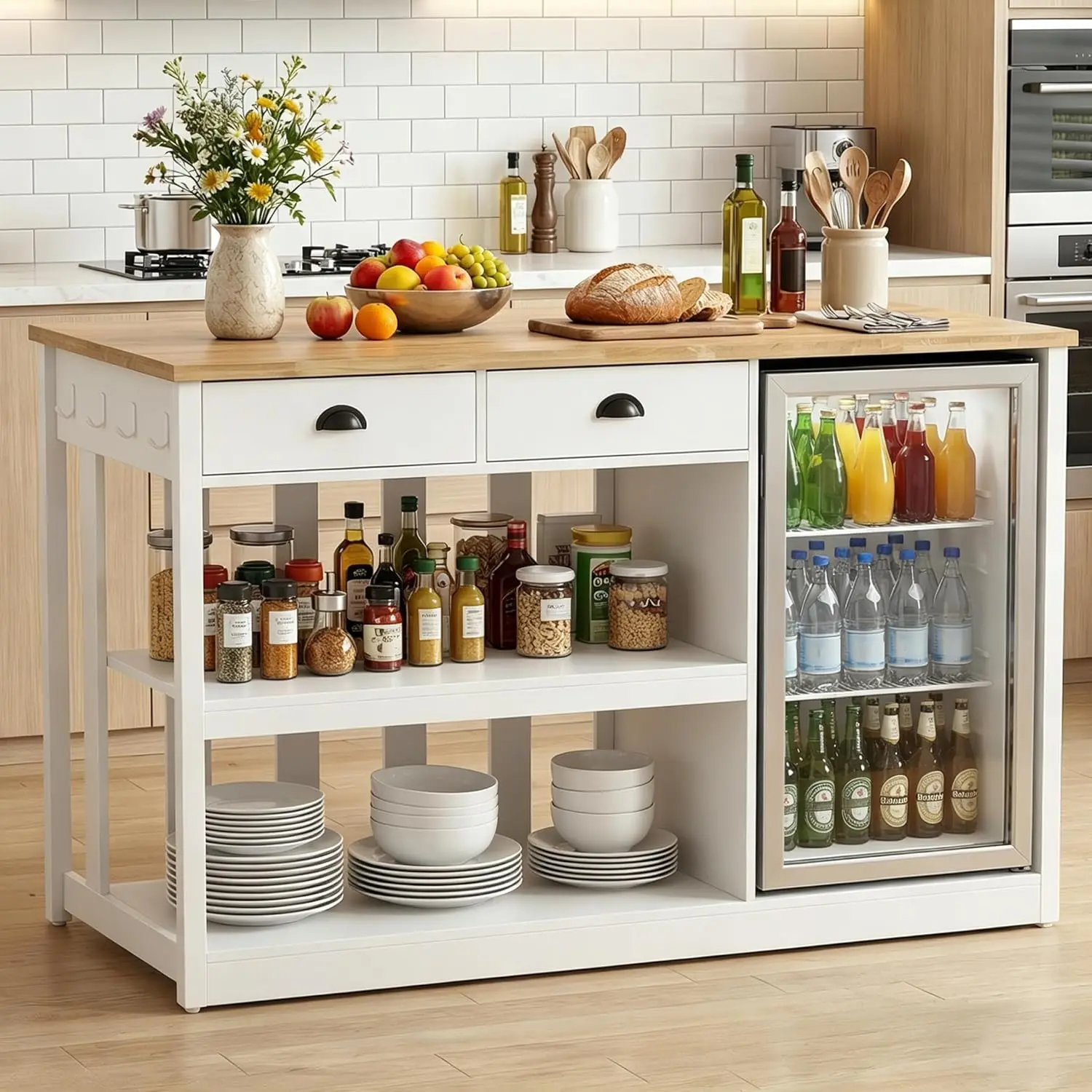 Kitchen Island with Storage, Coffee Bar Cabinet with Fridge Space | Wihte Kitchen Island with Rubberwood Tabletop,, Customized