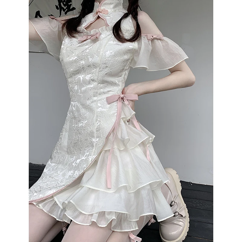 Vintage Chinese Style Cheongsam High Split Mini Dress 2022 Tie Dye Gothic Women Aesthetic Bandage Dresses Y2k Sexy Bodycon Robe