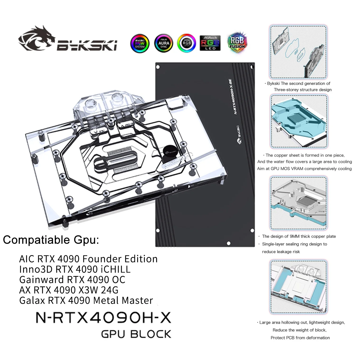 

Bykski N-RTX4090H-X GPU Water Cooling Block for NVIDIA RTX 4090 AIC / Galax RTX 4090 Full Cover with Backplate