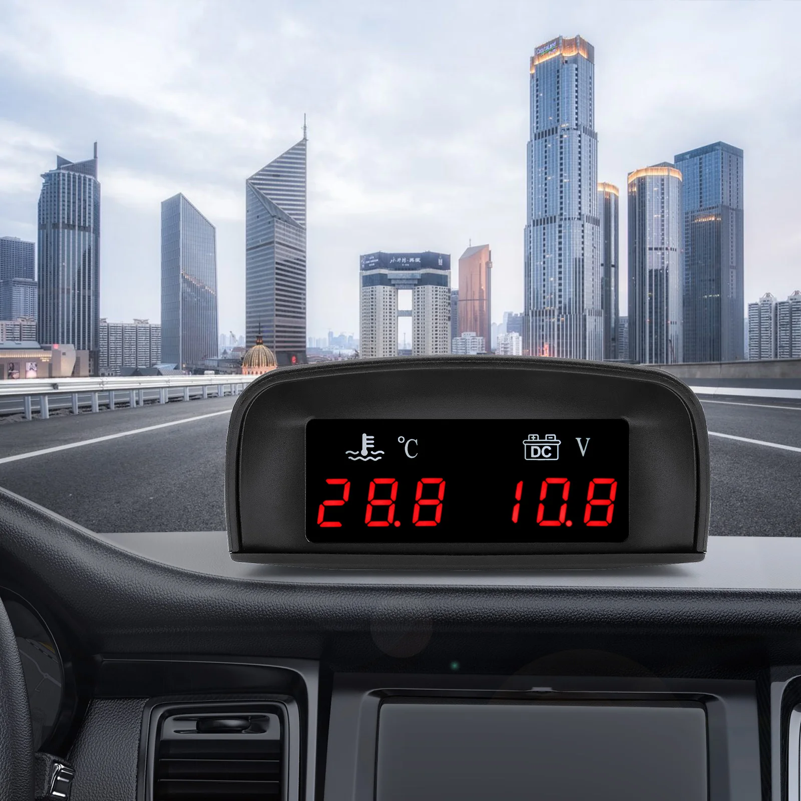 2 IN 1 Water Temperature Gauge+Voltmeter Red Backlight LCD Instrument Horizontal Celsius Gauge+26mm-40mm adapter for car boat