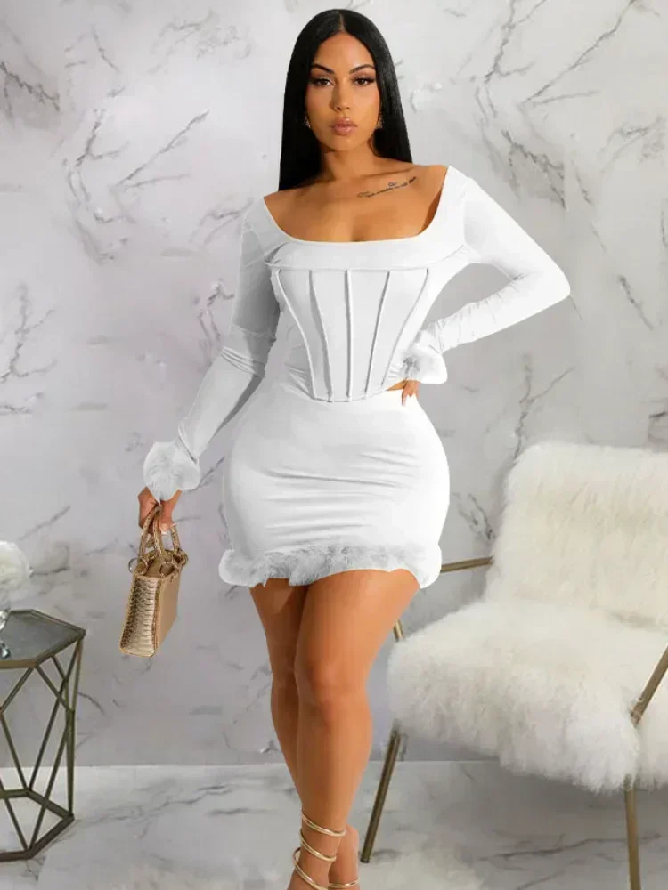 Conjunto de Dos Piezas GUWU para Mujer, Falda Mini Ajustada con Adorno de Plumas y Top Corto de Manga Larga de Crochet, Estilo Vintage Chic