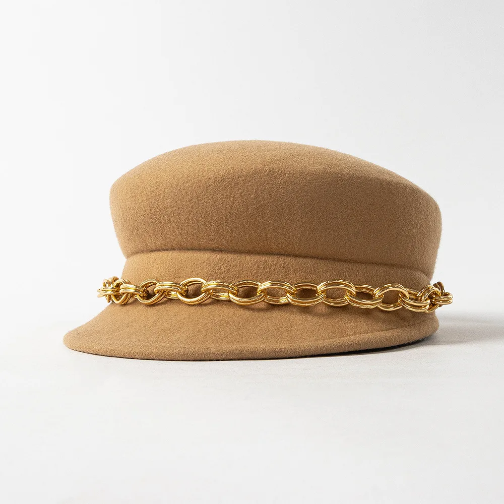 Autumn Winter New Women's Casual Fashion Chain Decorated Woolen Newsboy Cap Streetwear Warm Newsboy Cap Fashion Hat